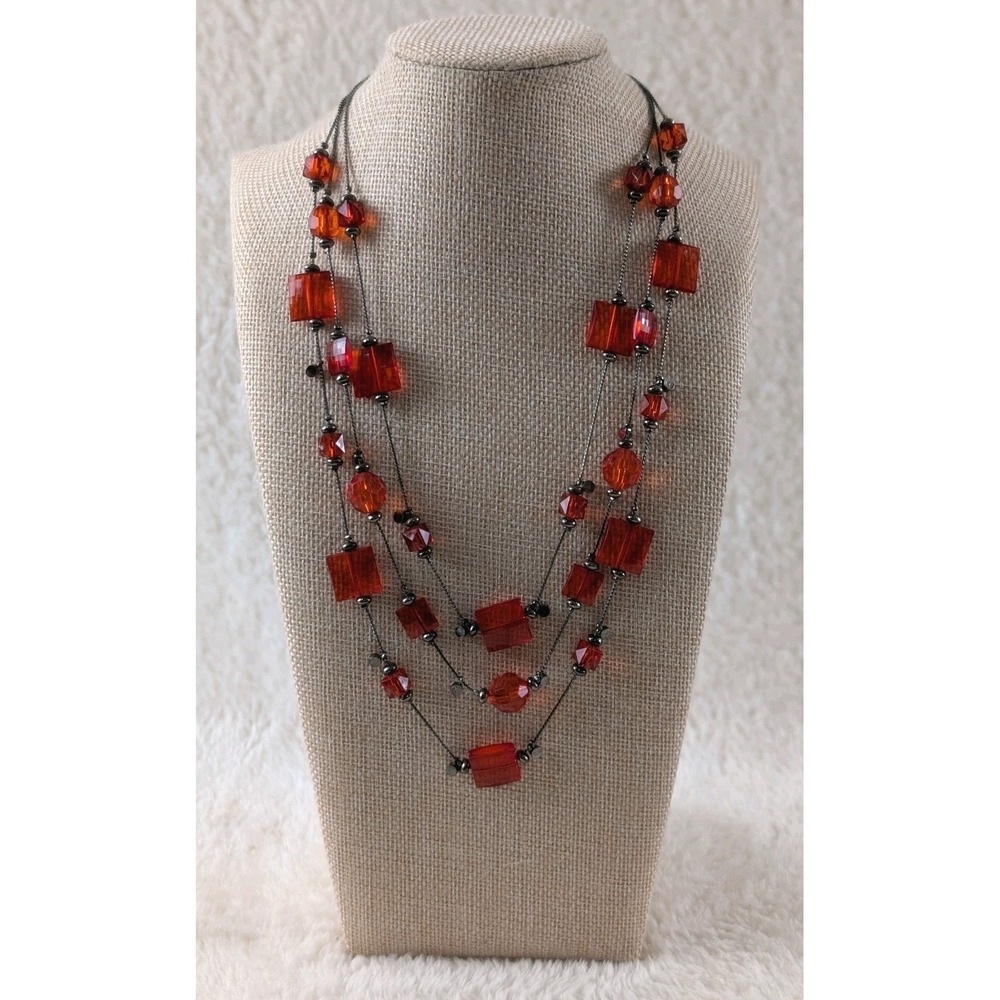 Red Glass Bead Layered Necklace Gunmetal Tone Multi‎ Strand Statement - Picture 2 of 3